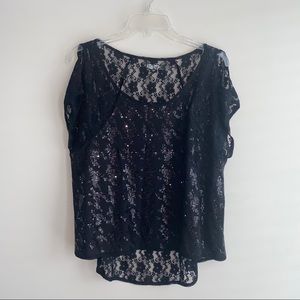 Guess Sequined Lace Short Sleeve Top in Black | Size XS